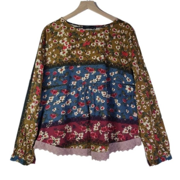 Boho Floral Print Cotton Blouse 12‎ Maroon Olive Blue - Picture 1 of 9